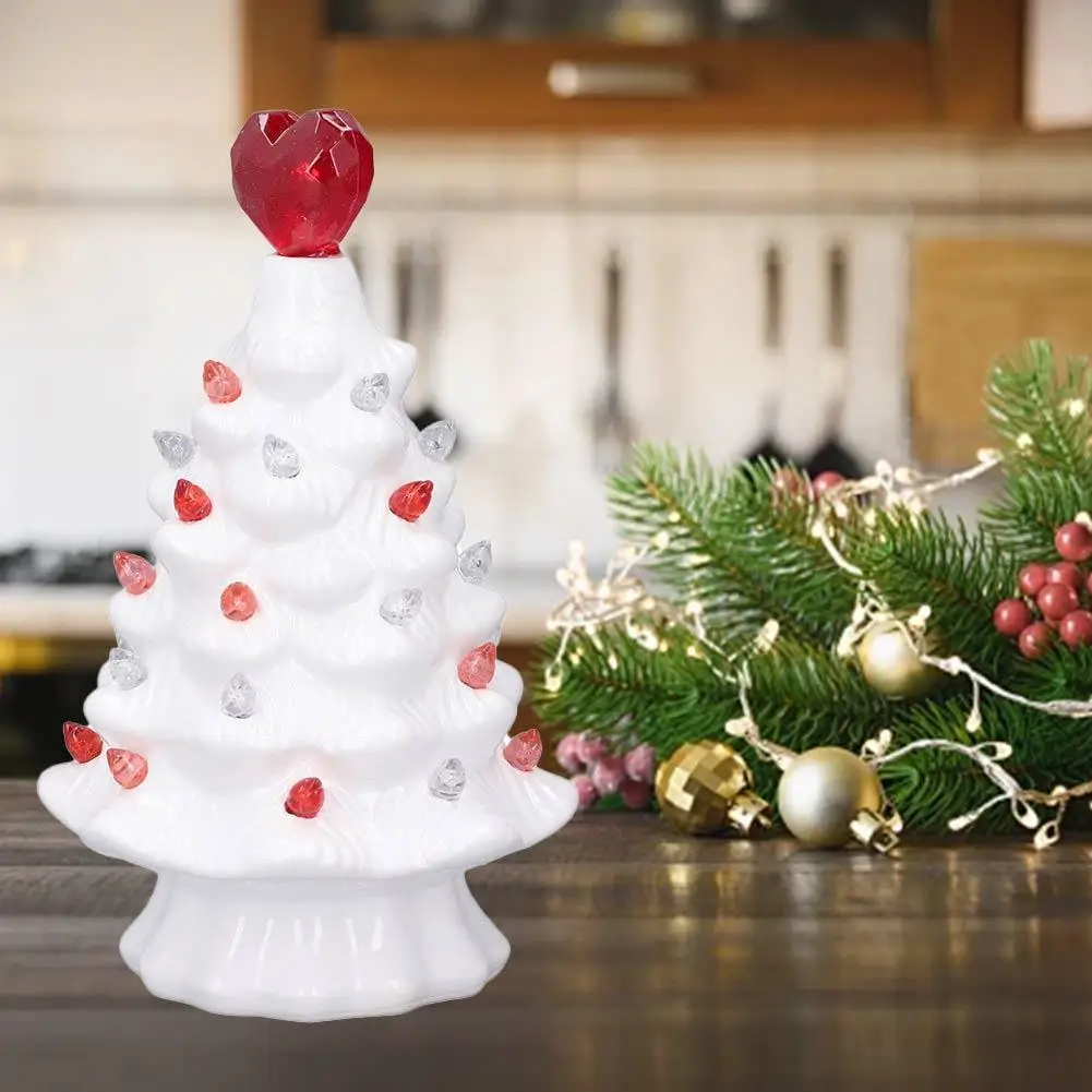 Mini Ceramic Christmas Tree Figurine Colorful LED Light-up Xmas Tree Statue Sculpture With Heart Topper Home Decoration