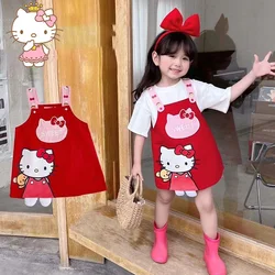 2024 New Cute Hello Kittys Strap Skirt Ins Anime Cartoon Versatile Cotton Embroidery Children Summer Sweet Dress Girl Gifts