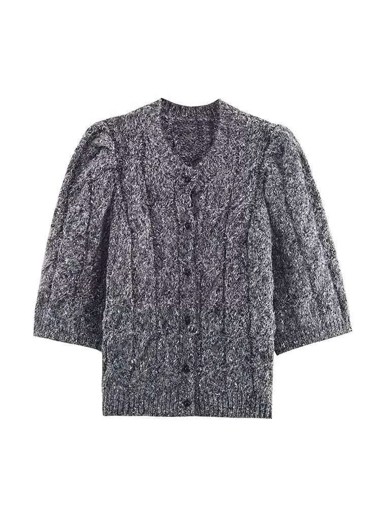 Hh mulher nova moda inverno puff mangas curtas único breasted jaqueta de malha feminina casual estilo rua camisola casaco