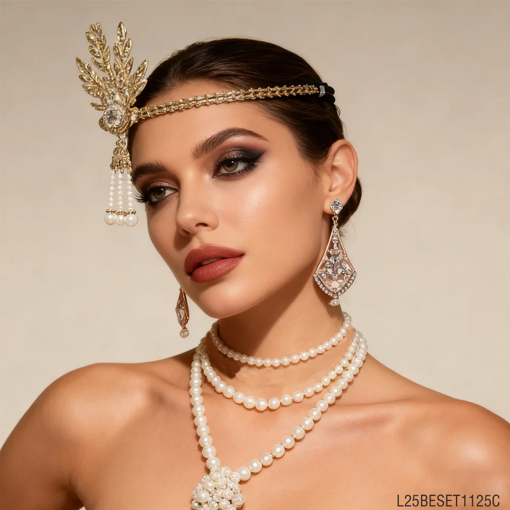 

PESENAR Vintage Pearl Women s Set Fringed Headband Pearl Necklace Bracelet Gorgeous Theme Party Outfit. Ideal for Cosplay