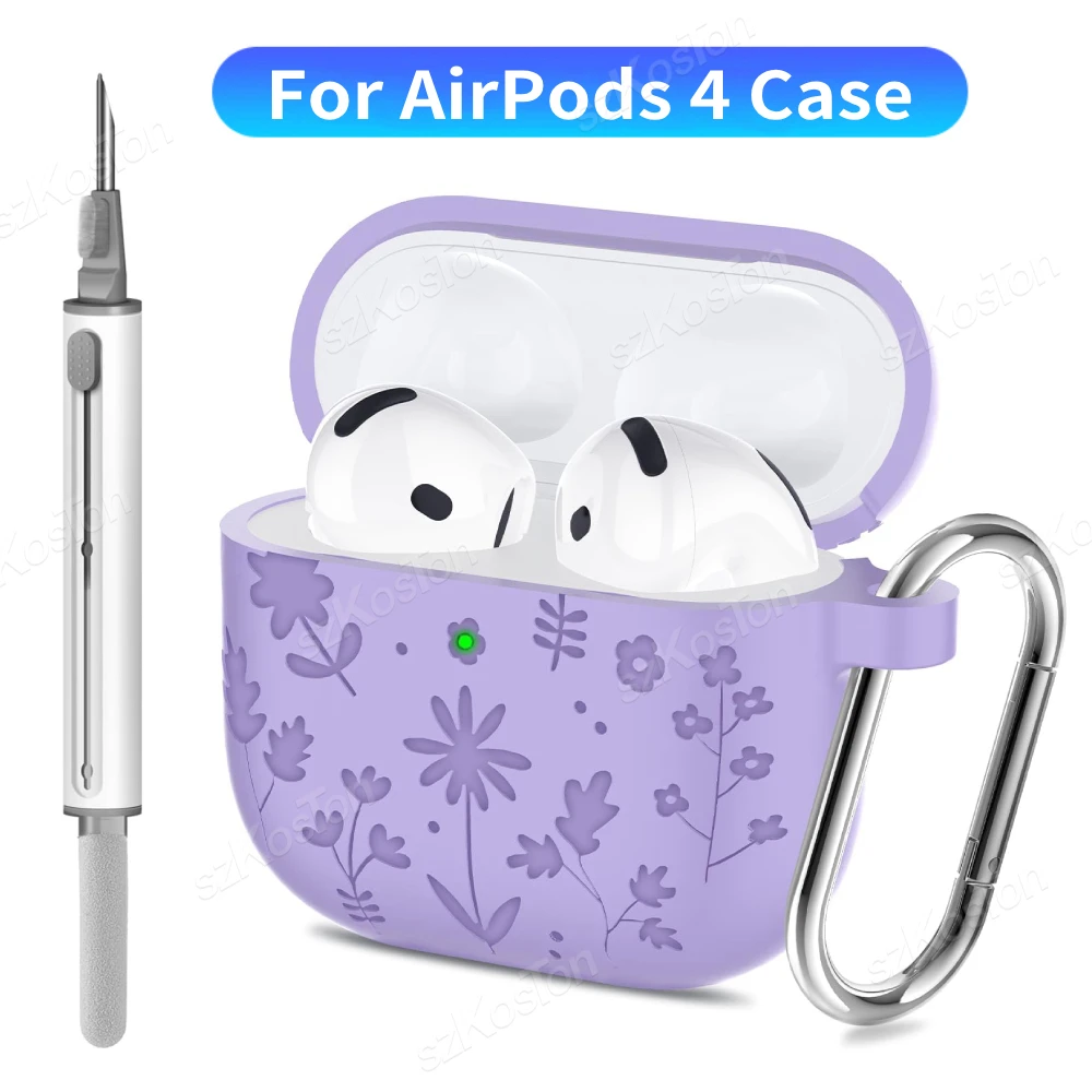 For AirPods 4th Generation with Keychain Cleaning Kit Engraved Flower Soft Silicone Case for Airpod 4 Protective Case Accessorie