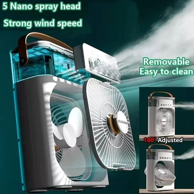 Ventilatore portatile Condizionatori d'aria Ventilatore elettrico USB Luce notturna a LED Nebbia d'acqua Divertimento 3 in 1 Dispositivo di raffreddamento dell'aria Umidifie per mini ventilatore portatile