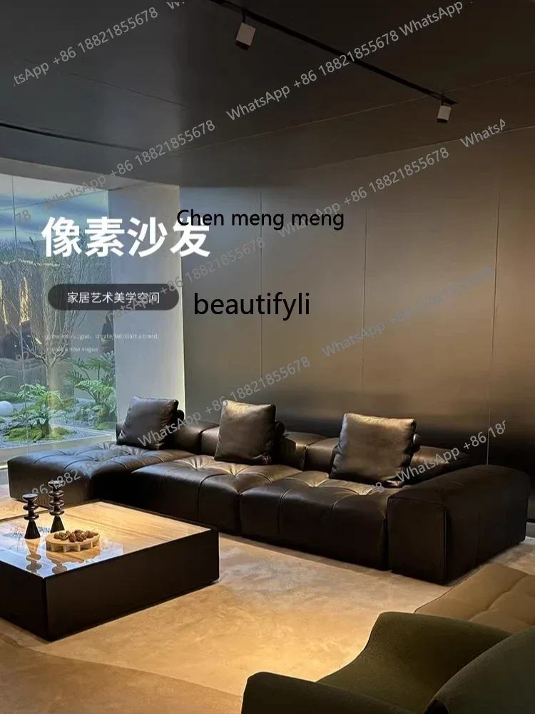 z183  New Italian minimalist leather sofa living room advanced pixel straight row black combination size apartment