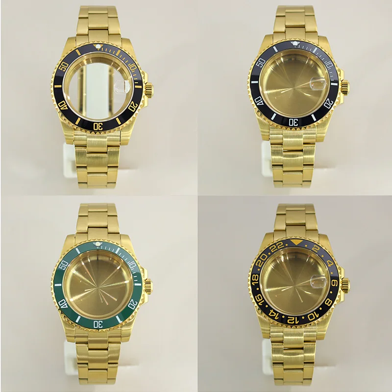 

40mm 20ATM Diver Gold pvd Watch Case Bracelet Sapphire Glass For NH35 NH36 NH34 NH70 8215 Eta2824 Movt SUB GMT Case Repair Parts