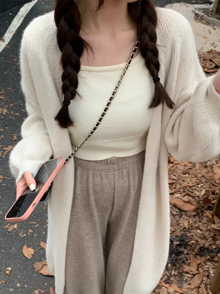 Laid-ba Sle Buttonl Gestrickter langer Mantel Oulder Wrap Vintage Vielseitiger lockerer Damenpullover V-Ausschnitt Mittellang Sve