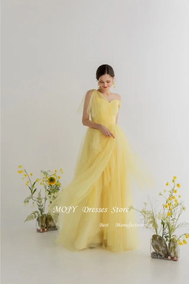 Mojy Yellow Tulle Wedding Dress Korea Photo Shoot A Line Sleeve Bridal Gown Floor Length Spaghetti Straps 신부 웨딩드레스 по индивидуальному заказу