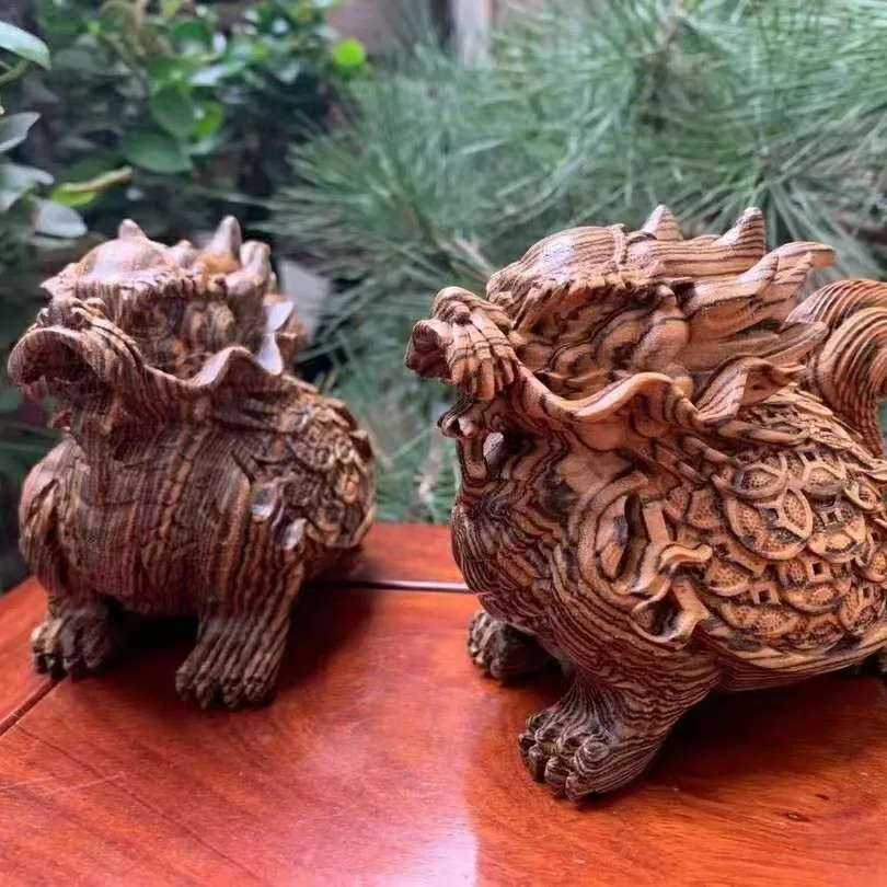 Natural Tiger Skin Sandalwood Money Dragon Turtle Figurine Dragon Son Hand Carved Ornament Desktop Collectible Craft Decoration