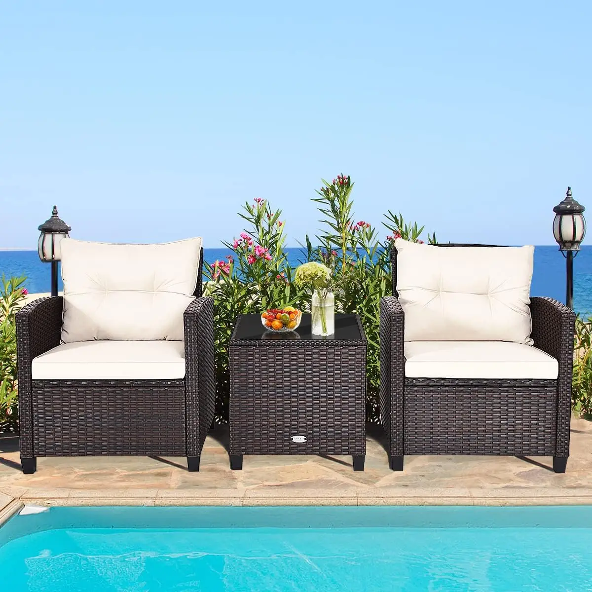 Juego de muebles de patio de 3 uds, sofá de mimbre PE con cojín lavable y mesa de centro, mesa de vidrio templado
