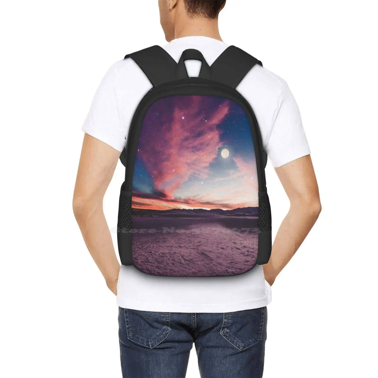 Moon Gazing Hot Sale Schoolbag Backpack Fashion Bags Sunset New Mexico Desert Landscape Nature Pink Purple Sand Dunes Blue image 6