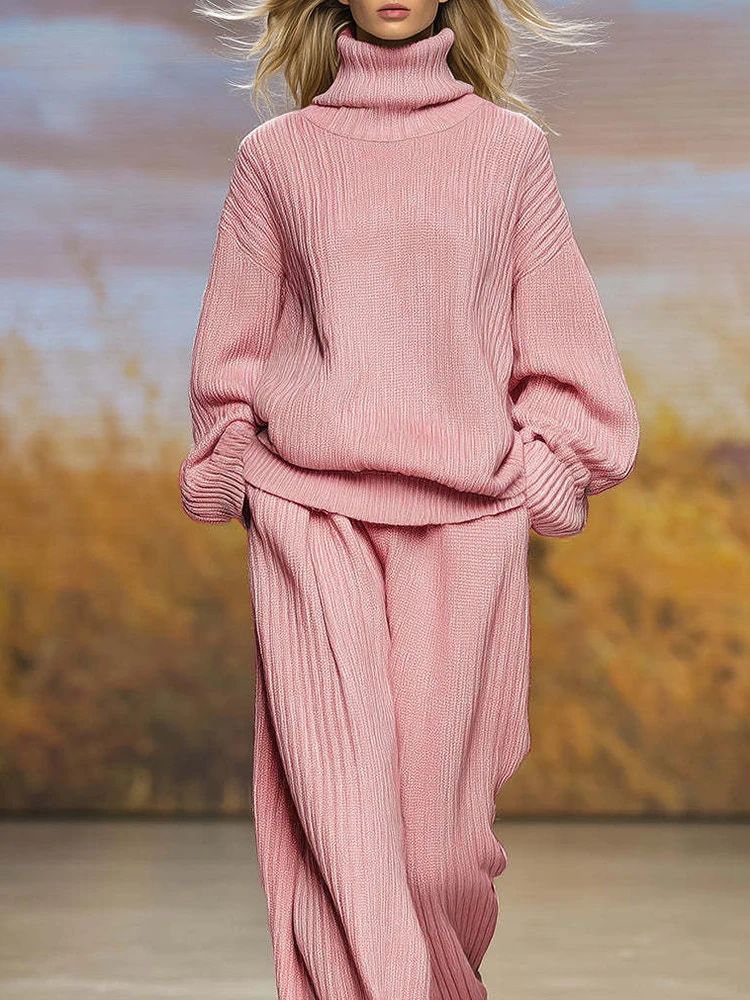 

Модные однотонные вязаные пуловеры и брюки с карманами, элегантные теплые однотонные комплекты свитеров для поездок на работу, женские осенне-зимние новые комплекты из двух предметов