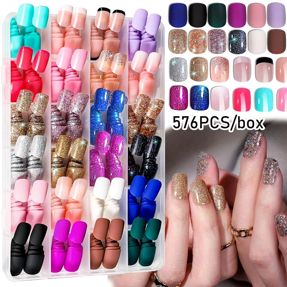 

576 шт. Наборы коротких накладных ногтей Модные глянцевые матовые однотонные и блестящие блестящие кончики ногтей с полным покрытием DIY Акриловые накладные ногти