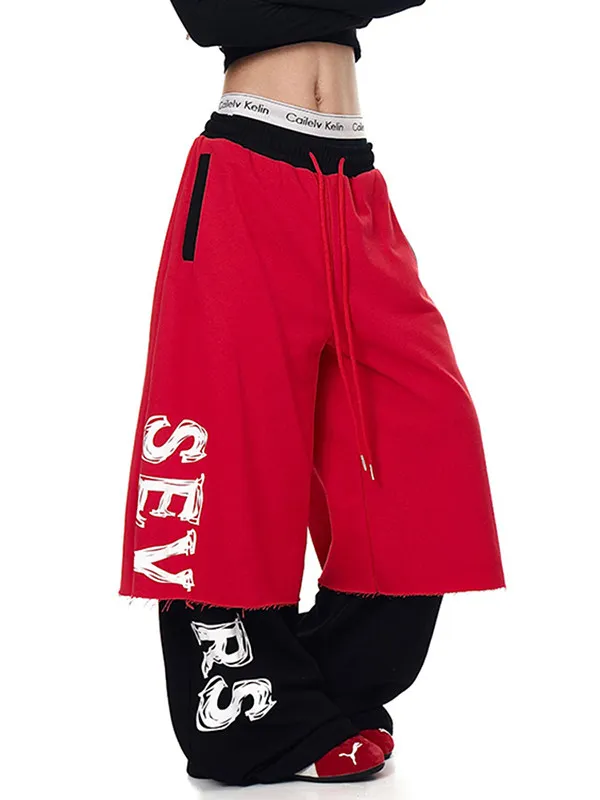 Women's Elastic Waist Sweat Pants Drawstring Long Trousers Patchwork Joggers American Retro Designer Baggy Wide Fit Boyfriend