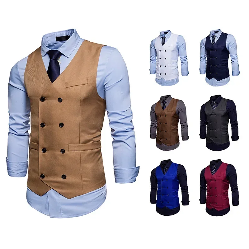 Fashion Mens Double Breasted Blazer Casual Vest Sleeveless Suit Vest Male Plus Size Waistcoat Men Navy Blue Top for Men Slim Fit