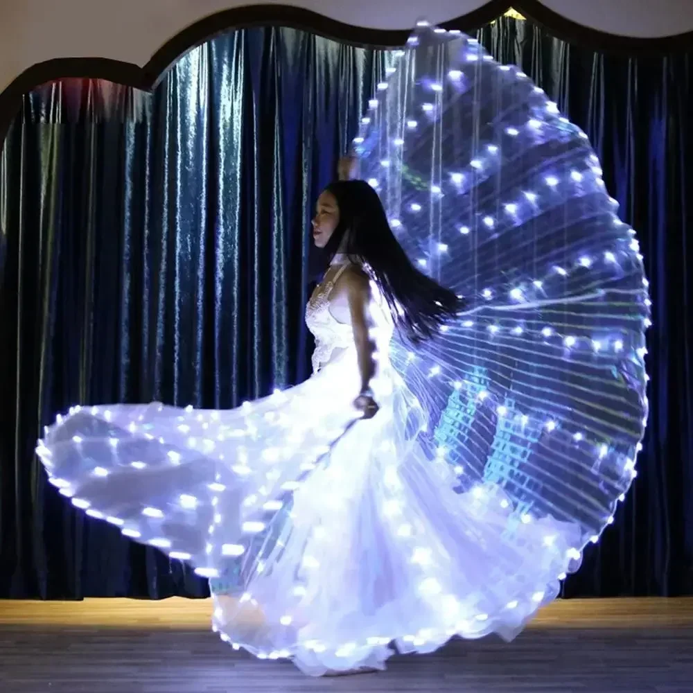 Glowing Belly Dance ปีกผีเสื้อส่องสว่าง LED ปีกเรืองแสงแสดง Telescopic Sticks เครื่องแต่งกายผู้ใหญ่
