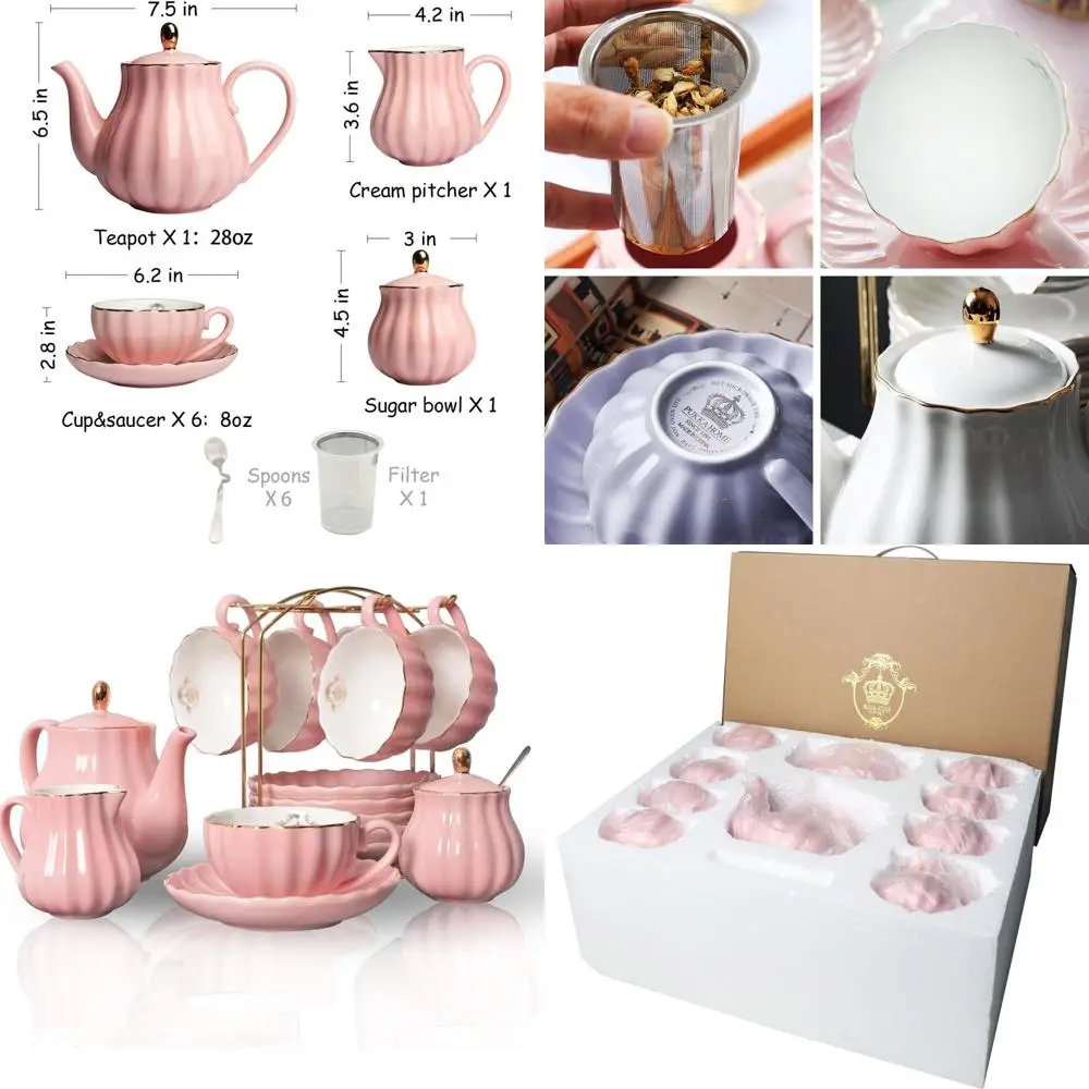 

Британский фарфоровый чайный сервиз в королевском стиле, чашки и блюдце на 8 унций на 6 человек, с чайником, сахарной чашкой, сливочником, чайными ложками и ситечком, Pe