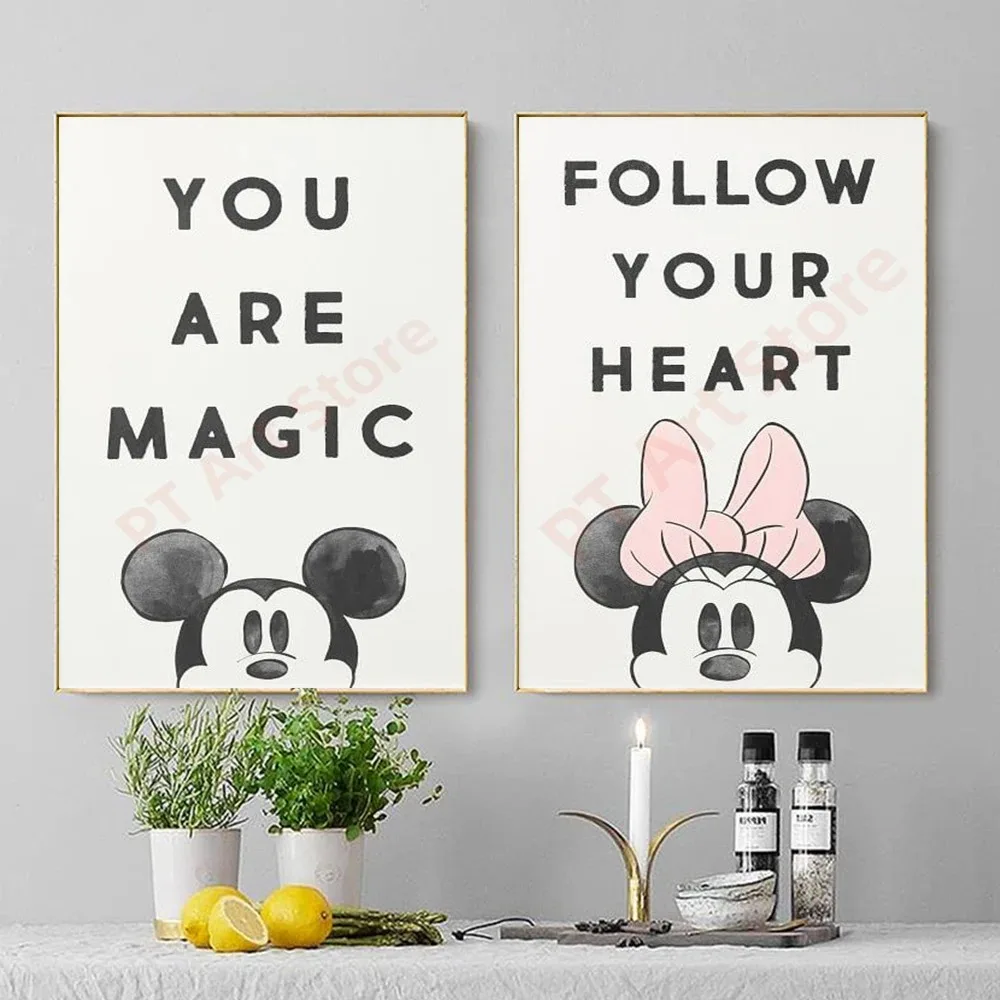 Walt Disney Mickey Mouse And Minnie Poster Prints For Home Decor Follow Your Heart Your Are Magic Quote Canvas Painting Wall Art