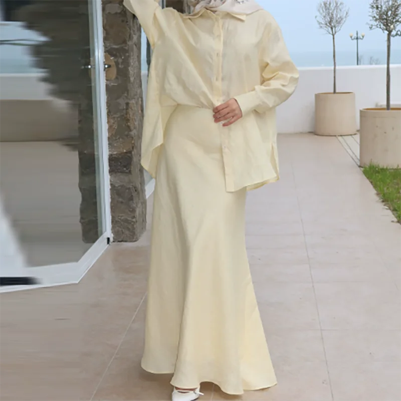 

European and American solid color elegant and gentle temperament long sleeved top and long skirt set