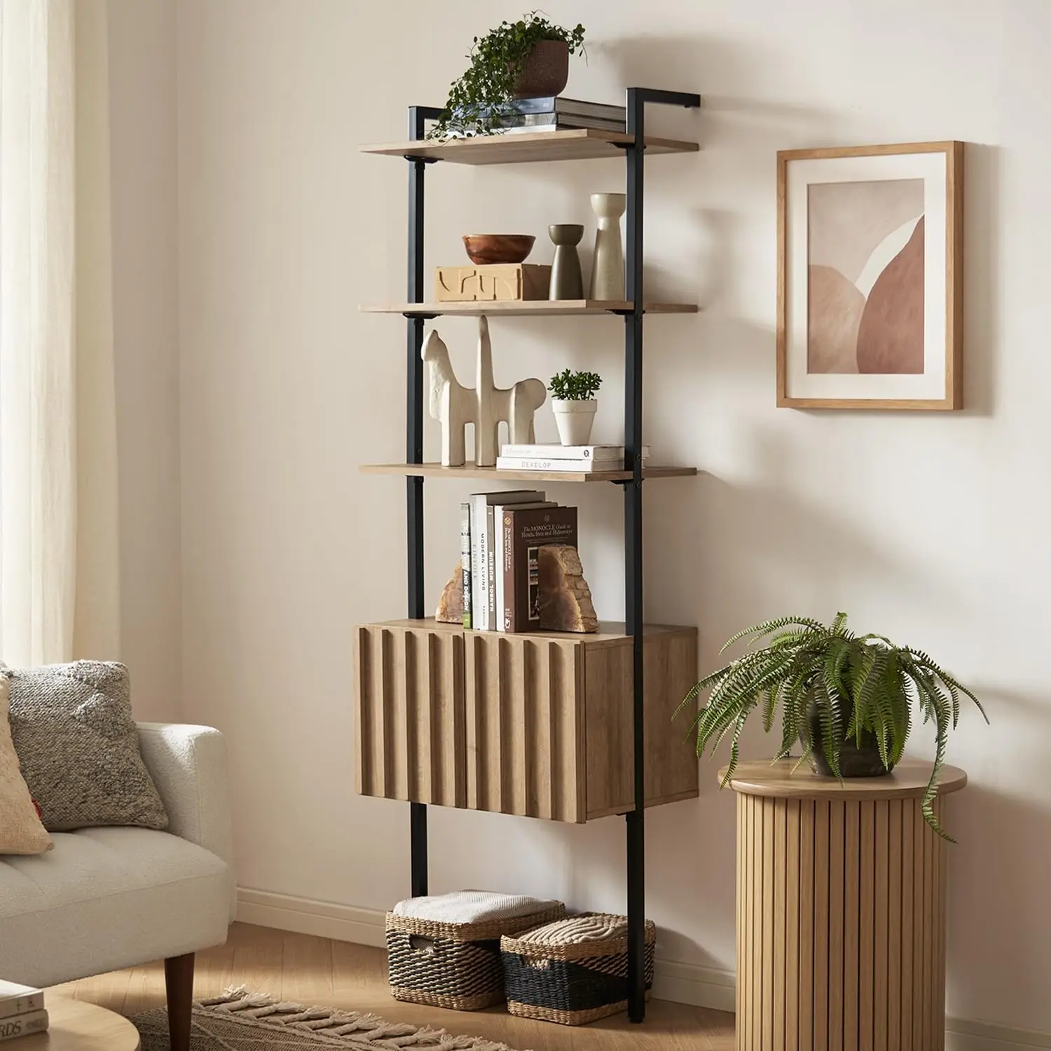 Wall Bookshelf, Farmhouse Industrial Bookcase, Narrow Slim Organizer Display Shelves, Living Room, Bedroom (5-Tier Shelf)