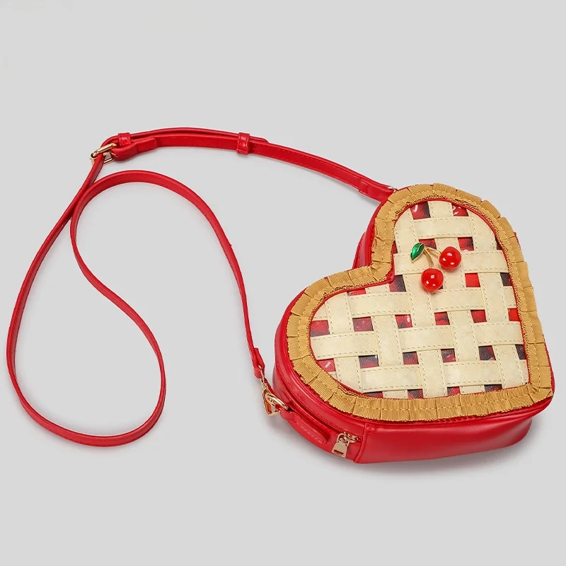 Heart Shape Pie Crust Design PU Leather Crossbody Bag with Cherry Charm Women‘s Kawaii Fashion Shoulder Bag