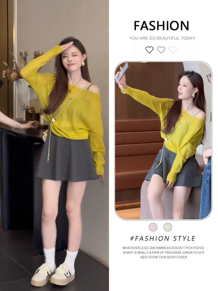 

Retro Korean Sle Lazy Long Sve Knitted Sweater Women's Spring Autumn New Slant oulder Design Casual Comfortable Top