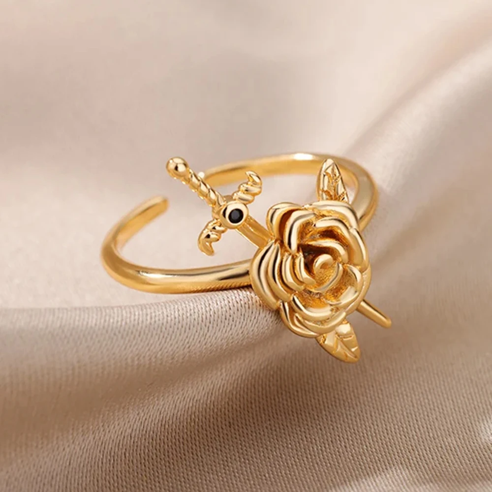Zircon Sword Rose Flower Rings For Women Gold Color Open Ring Female Fashion Party Finger Jewelry 2026 New Trend