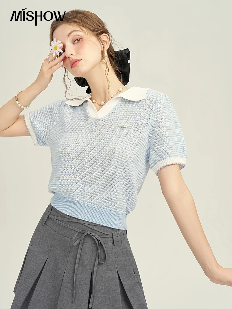 

MISHOW Polo Collar Thin Short Sleeved Knitted Sweater for Women Summer 2024 Contrast Color Commuting Blue V Neck Tops MPD21Z0584