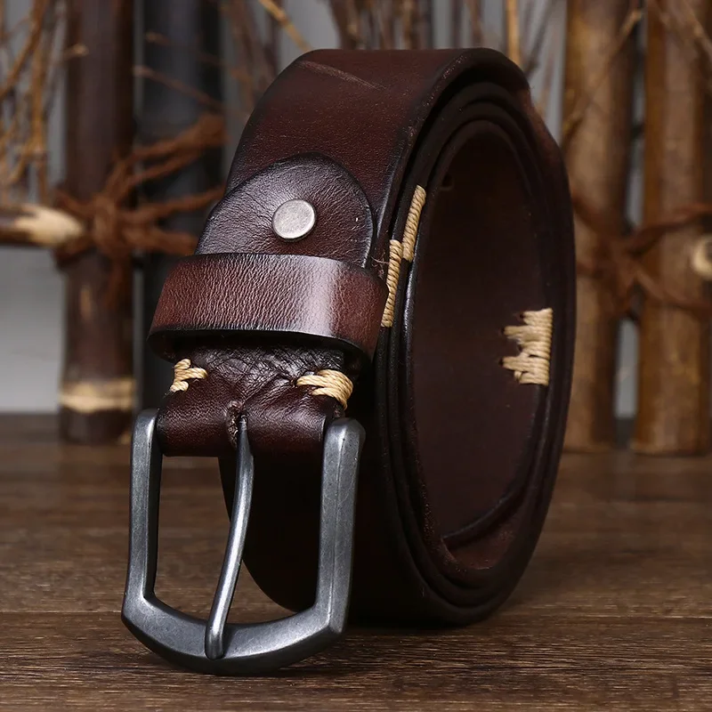 

2024 New Handmade Retro Worn Cowhide Belt, Men's Genuine Leather Needle Buckle, Korean Personalized Trendy Jeans Belt