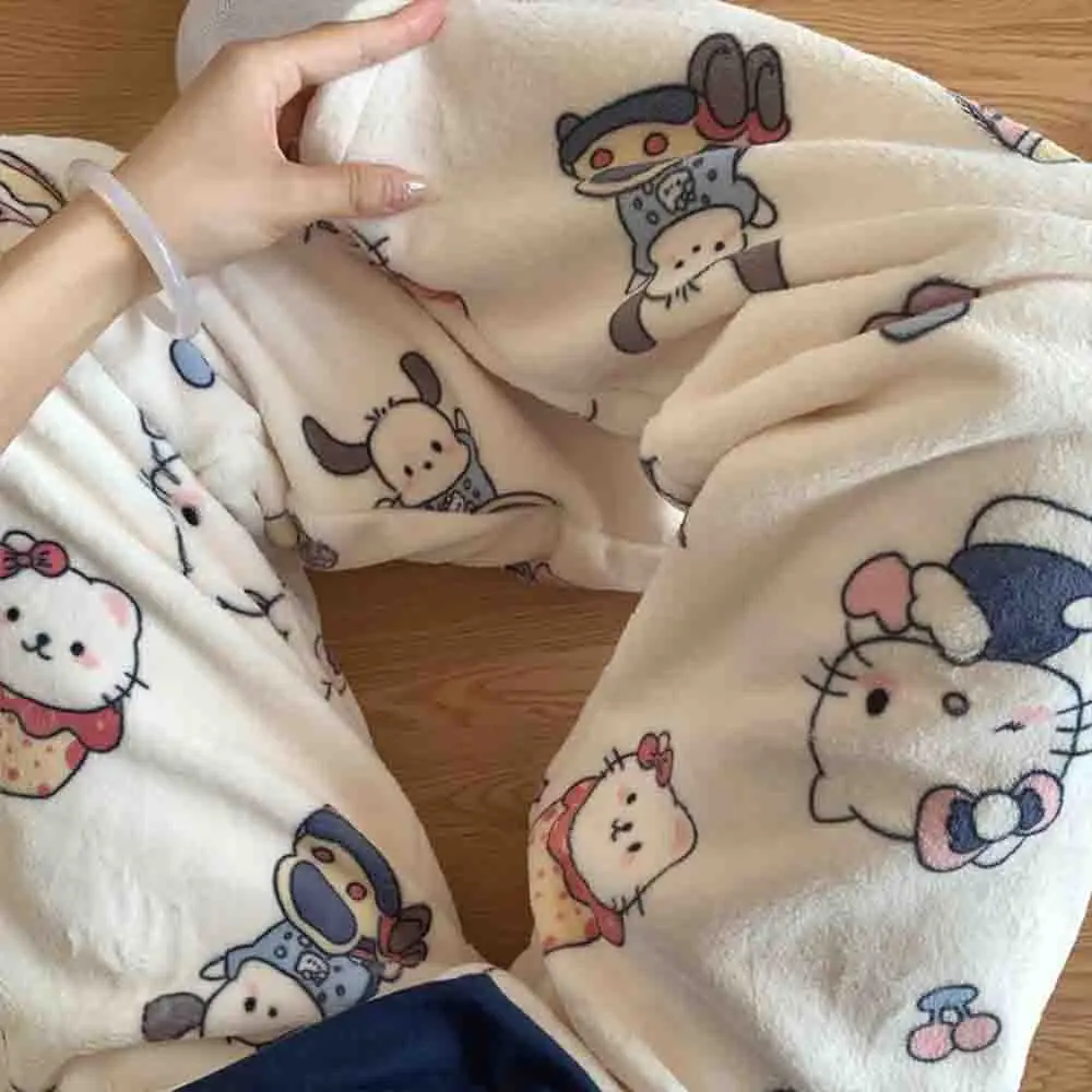 Hello Kittyflannel Pajama Pants Kuromi Women's Anime Cartoon Autumn and Winter Coral Velvet Casual Walking Pants Home Sleepwear - view 2