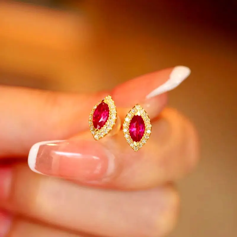 

Luxury 925 Silver Marquis Mozambique Pigeon Blood Ruby Ear Stud 18K Gold Plated Geometric Diamond Earring Fine Jewelry Wholesale