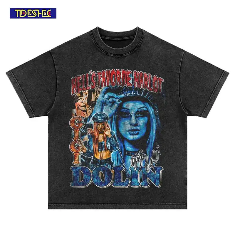 

Hip Hop Portrait Printed Neutral T-Shirt Harajuku Oversized Fashion Vintage Streetwear Washed Loose Men Leisure Cotton Tshirt