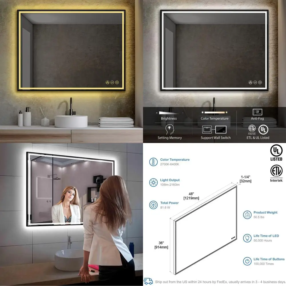 

Dimmable 48x36 LED Backlit Bathroom Mirror, Anti-Fog, Wall-Mounted Vanity Makeup with Tempered Glass and Matte Black Frame