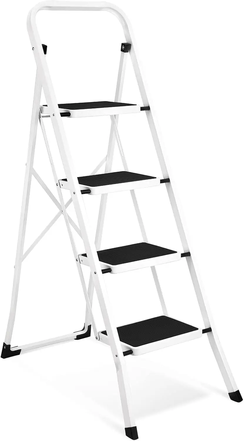 Anti-Slip Pedal, Lightweight 4 Step Ladder with Handrails, 330 lbs Capacity Perfect for Kitchen & Household, White