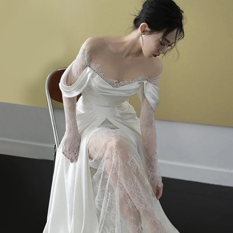 French Satin Light Wedding Dress Light Luxury New Bride Style Vintage Lace Off-Shoulder Light Gown Petite Party Dress