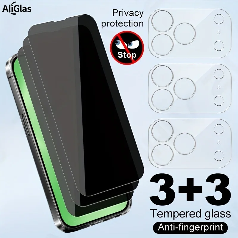 

3Pcs Privacy Tempered Glass Screen Protector for 17 16 15 14 13 12 11 Pro Max With 3Pcs Camera Lens Film 15 14 Plus 13 12 Mini