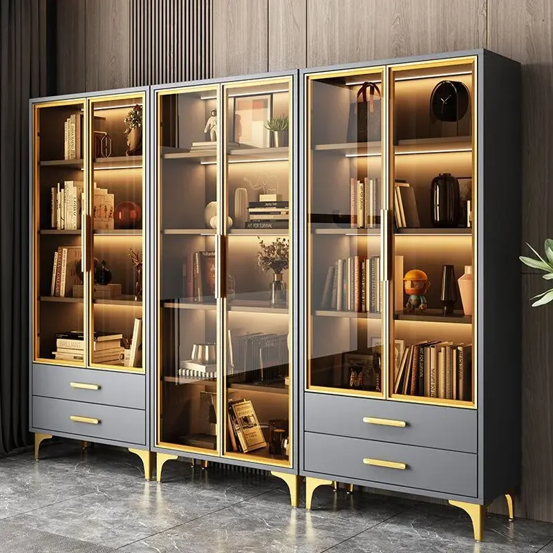 Bookcase light luxury glass door display cabinet living room floor to wall solid wood combination study storage locker bookcase