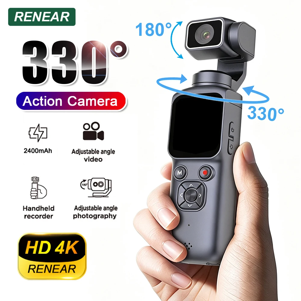HD 4K Gimbal Action Camera WiFi 330° 1.72 Inch Touch Screen 64MP Camera For Vlogging Digital Pocket Handheld Pocket Action Cam