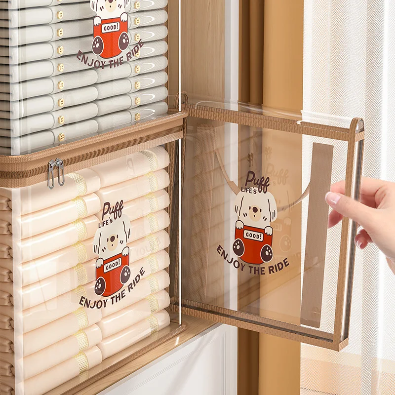 Waterproof Material Cartoon Transparent PVC Storage Box with Dust Cover - Large Capacity Folding Design for Toys and Clothes