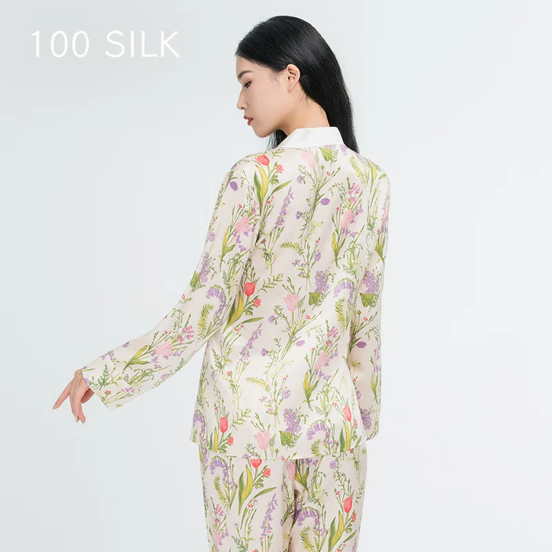 Lady New Chinese Style Pajamas Set Homewear 100% Silk Sleepwear Long Sleeve Nightwear Print Flower Pyjamas 2Pcs Outfit 19Mm