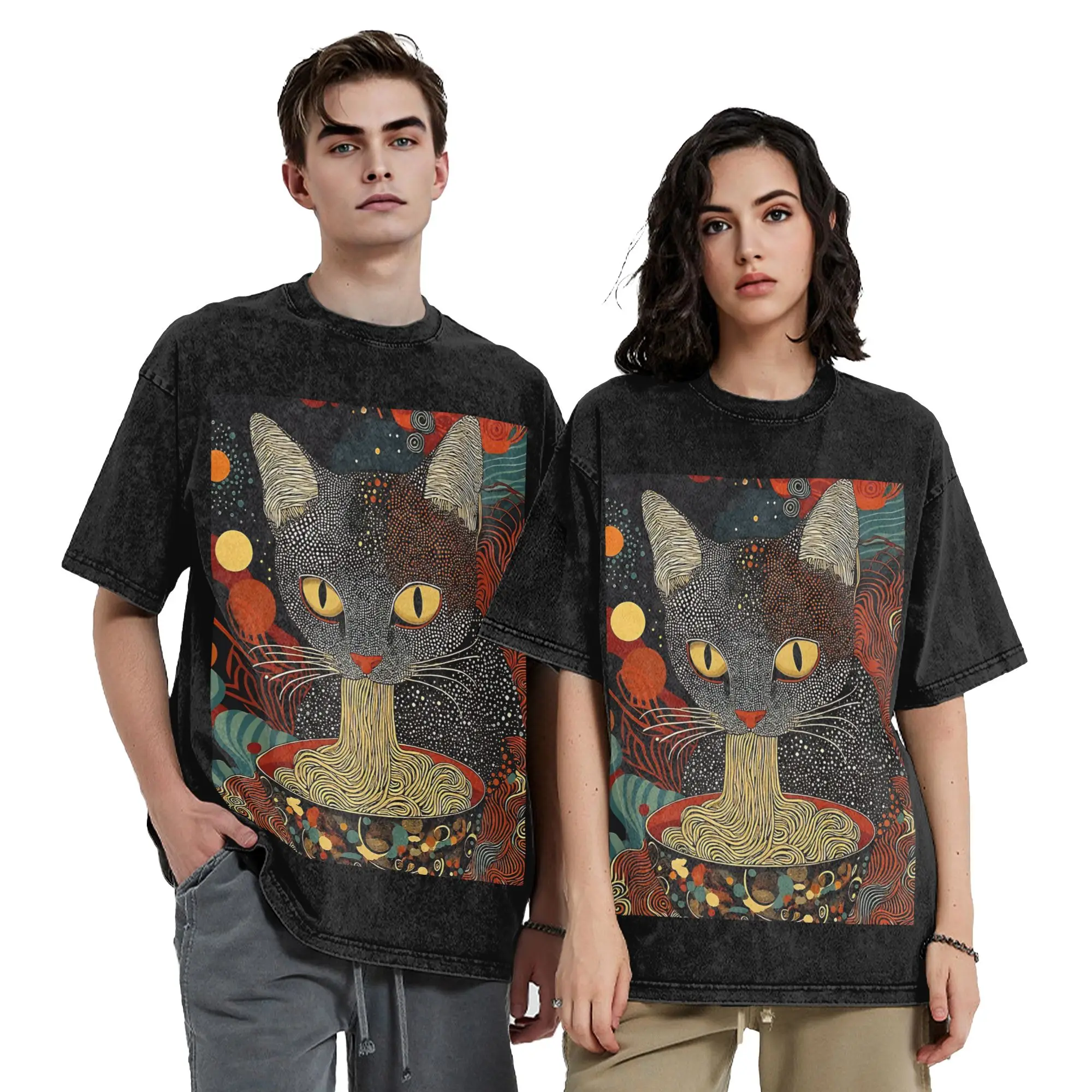 Yayoi Kusama Cat Ramen T Shirts Hip Hop Washed Oversize T-Shirt  Fashion for Men Women Tops Streetwear Printed Tops Tees