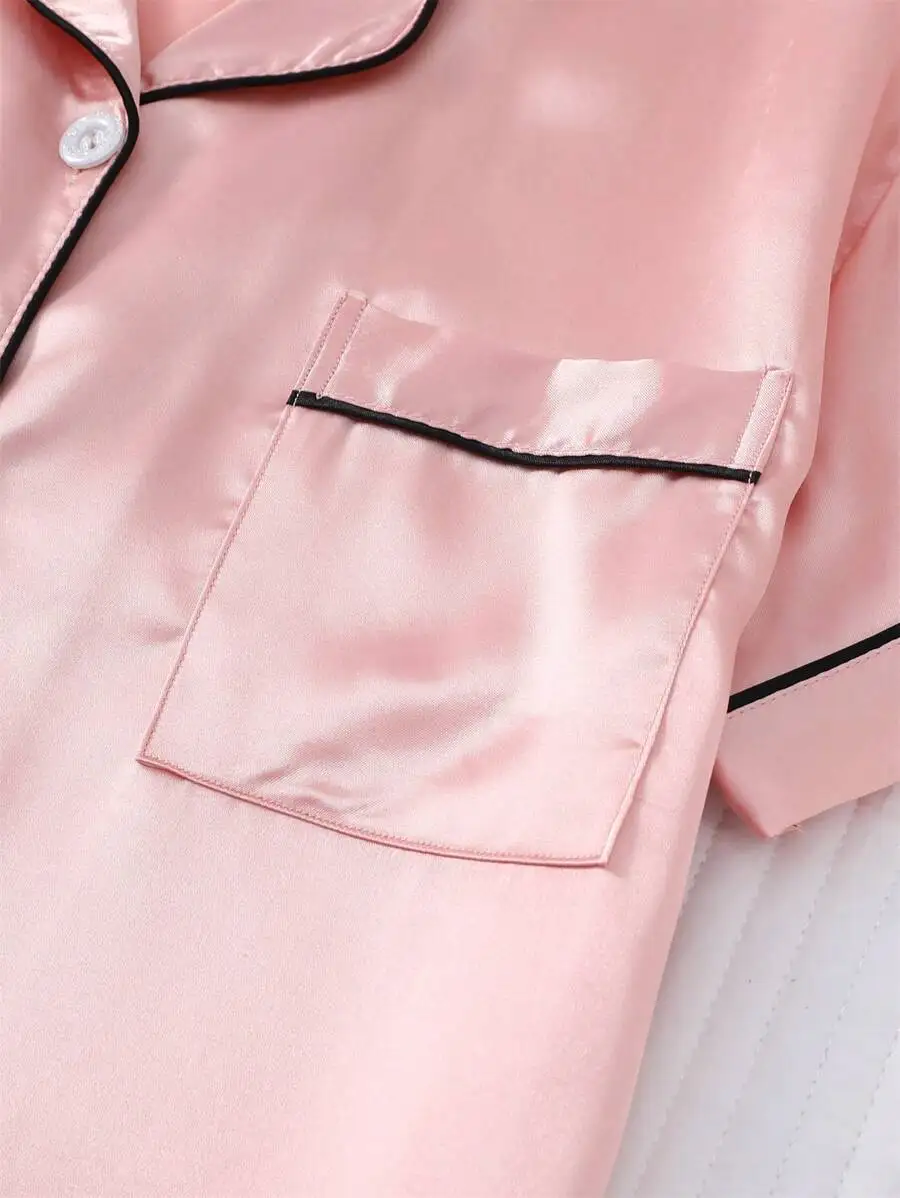 Satin Pajama Set For Women Short Sleeve Turn-Down Collar Top And Shorts Home Sleepwear
