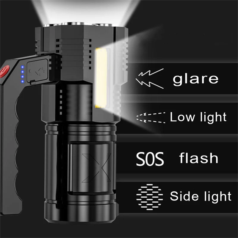 휴대용 LED 손전등 USB 충전식 방수 4-7 코어 핸드헬드 랜턴 COB Led 손전등 야외 캠핑 하이킹용