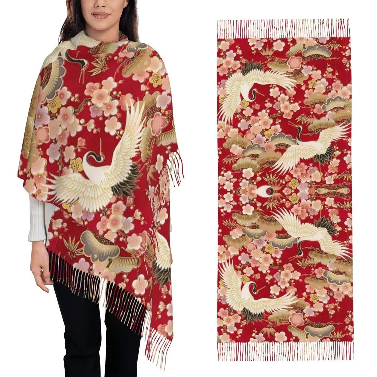 

Beautiful Crane Scarf Tassel Scarves for Women Soft Warm Shawls and Wraps Long Fall Winter Shawl Wrap