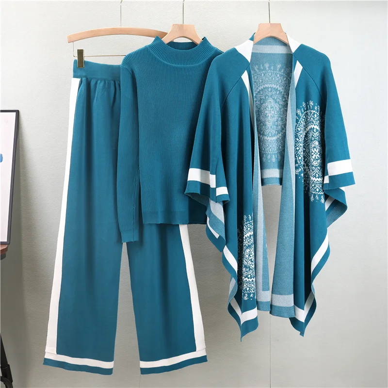Women Knitted 3 Pieces Set Shawl O Neck Sweater High Waist Wide Leg Pants Elegant Temperament 2024 Autumn New Clothing