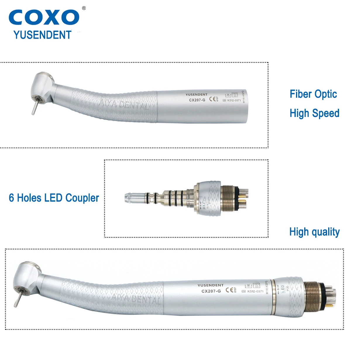 COXO Dental High Speed Handpiece Fiber Optic LED Light  Dental Turbine Quick Coupler 6 holes Fit KAVO NSK Sirona WH CX207-G