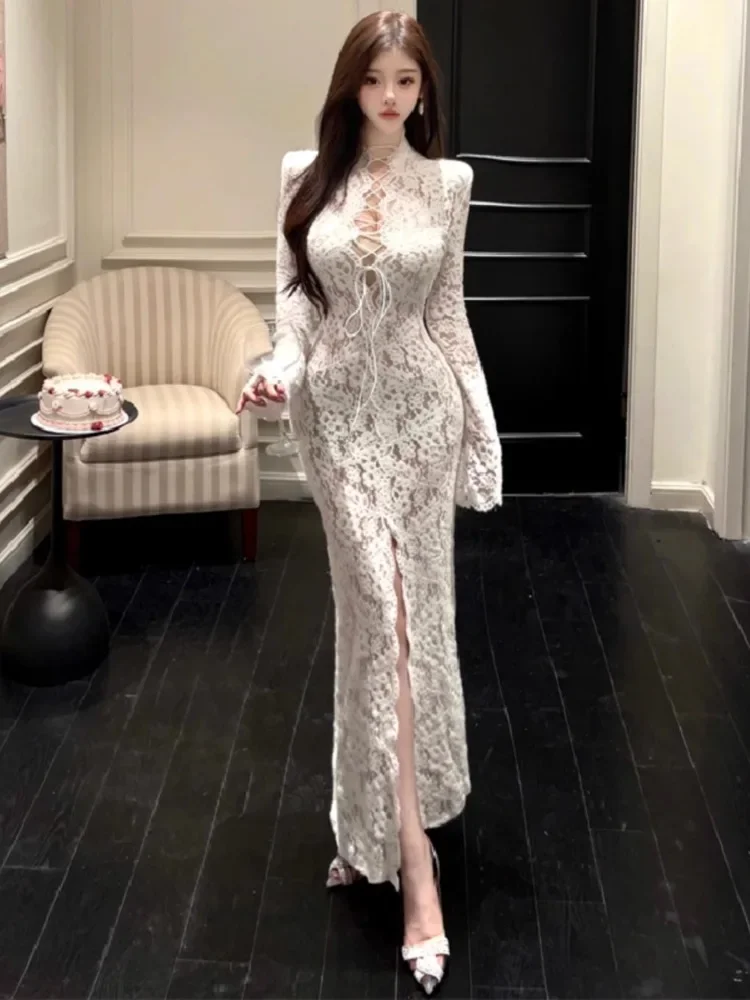 Topanoma Evening Dresses Women Wedding Party Lace Bandage Hollow Out Split Long Sleeve Cocktail Dres Birthday Sexy Elegant