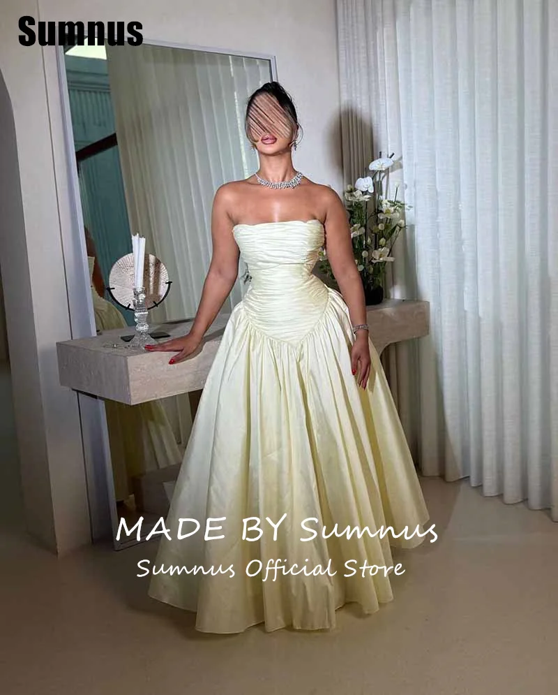 Sumnus فساتين سهرة بسيطة على شكل حرف a أصفر فاتح بدون حمالات بدون أكمام طيات فساتين الحفلات بطول الكاحل فساتين لحضور الحفلات الموسيقية حسب الطلب