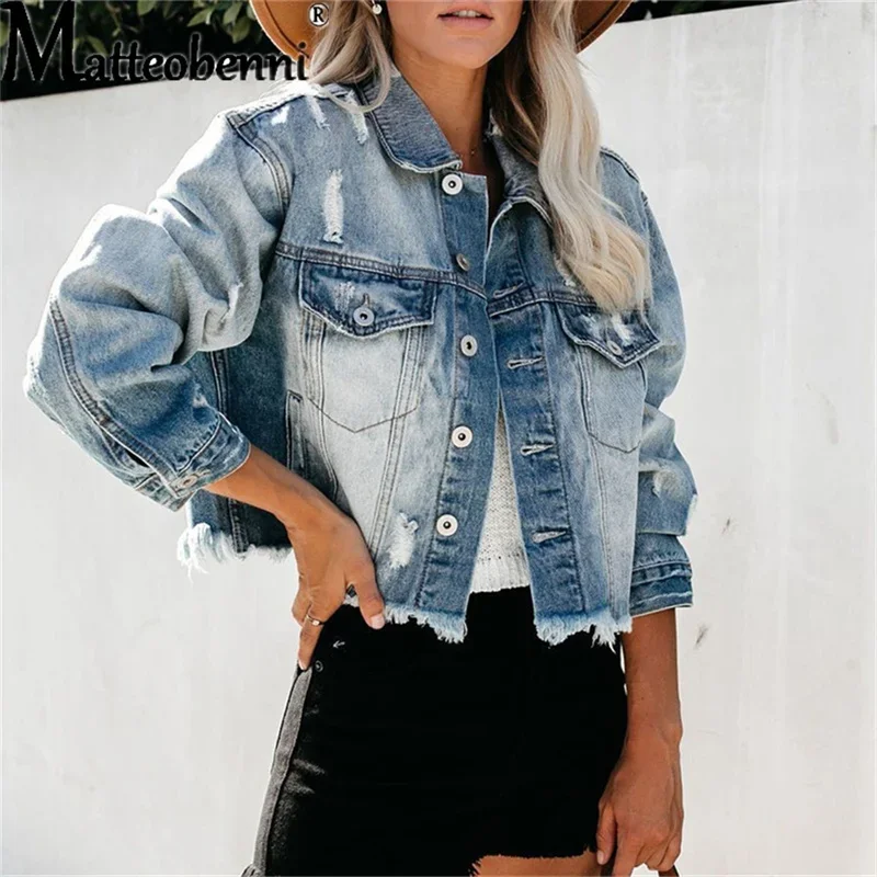 Batwing Sleeve Boyfriend Denim Shirts Jackets Coats Ripped Hole Loose Cardigans Button Jeans Blouses Women Short Outerwear Tops