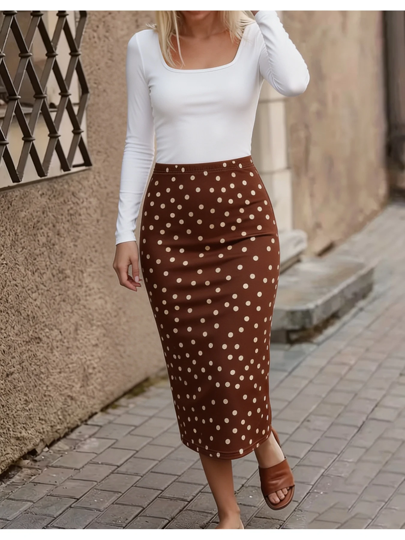 Women's Casual Solid Color Square Neck Long Sleeve T-Shirt Top Elastic Waist Skirt Set Cinched Waist Wave Point Design