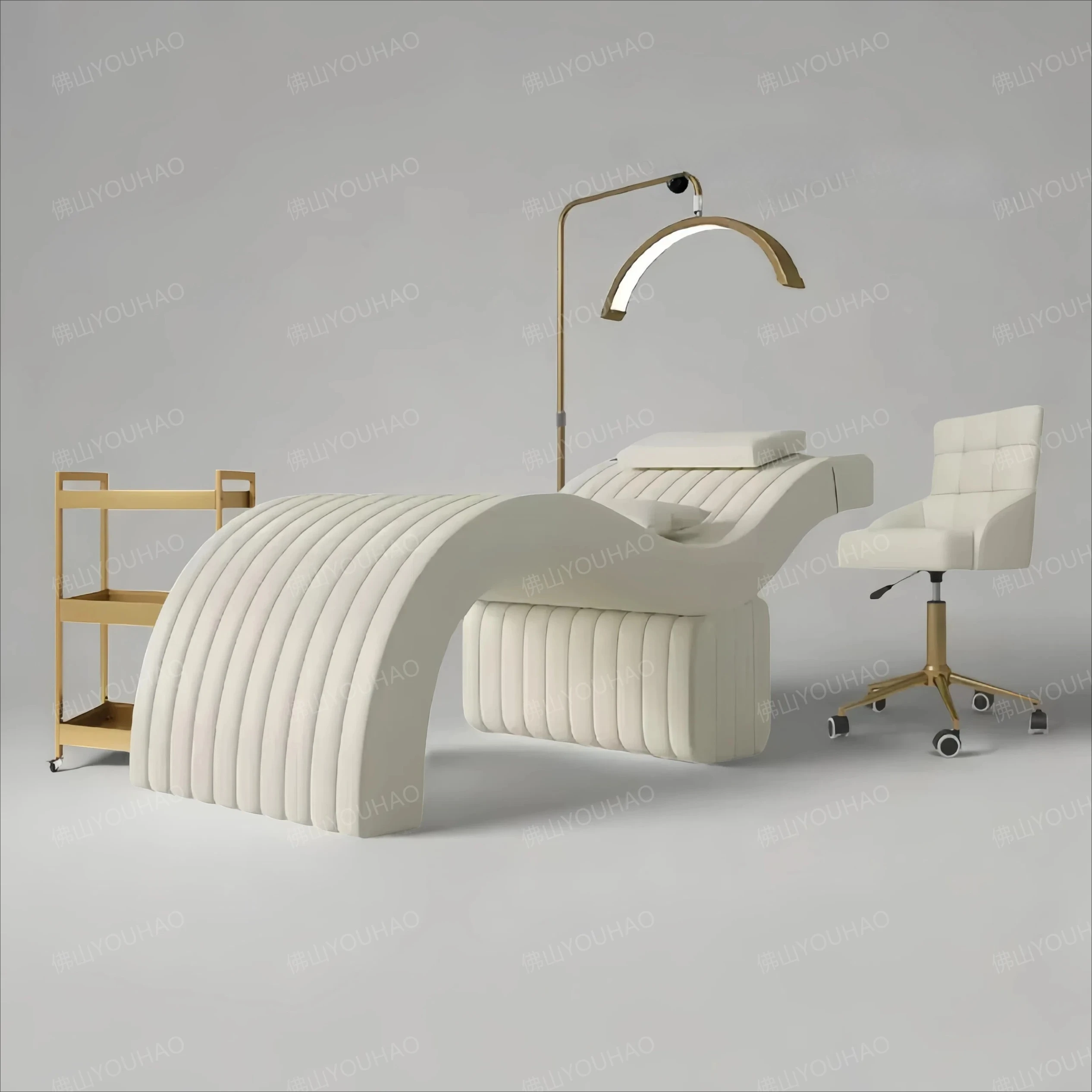 

White leather S-shaped eyelash bed, curved design, embroidered eyebrow manicure and facial bed, special for beauty salons