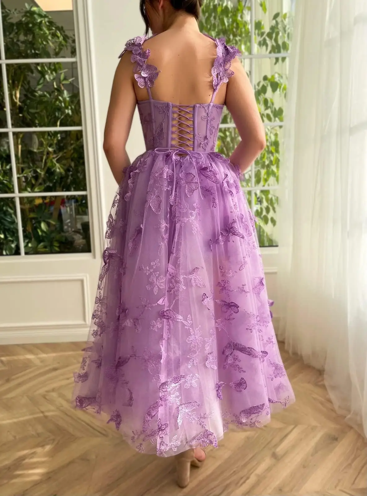 Vestido de tornozelo bordado borboleta 3D, Lace Applique Tulle Prom Dresses, Vestido de festa formal querida